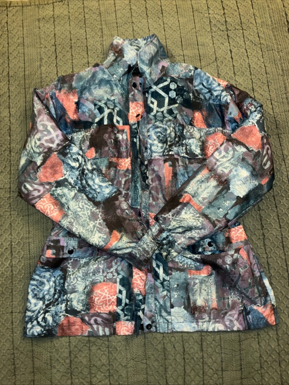 Abstract Print Utility Jacket in Coral & Blue
